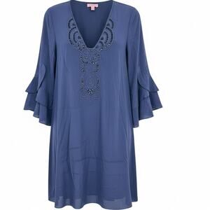 Lilly Pulitzer Women's Navy V-Neck Tatiana Beaded Silk Tunic Dress, Size M, EUC